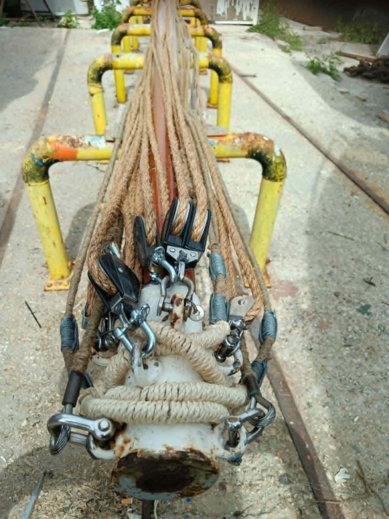 Professional rigger preparing the rig of a traditional ship in Marstal, Denmark